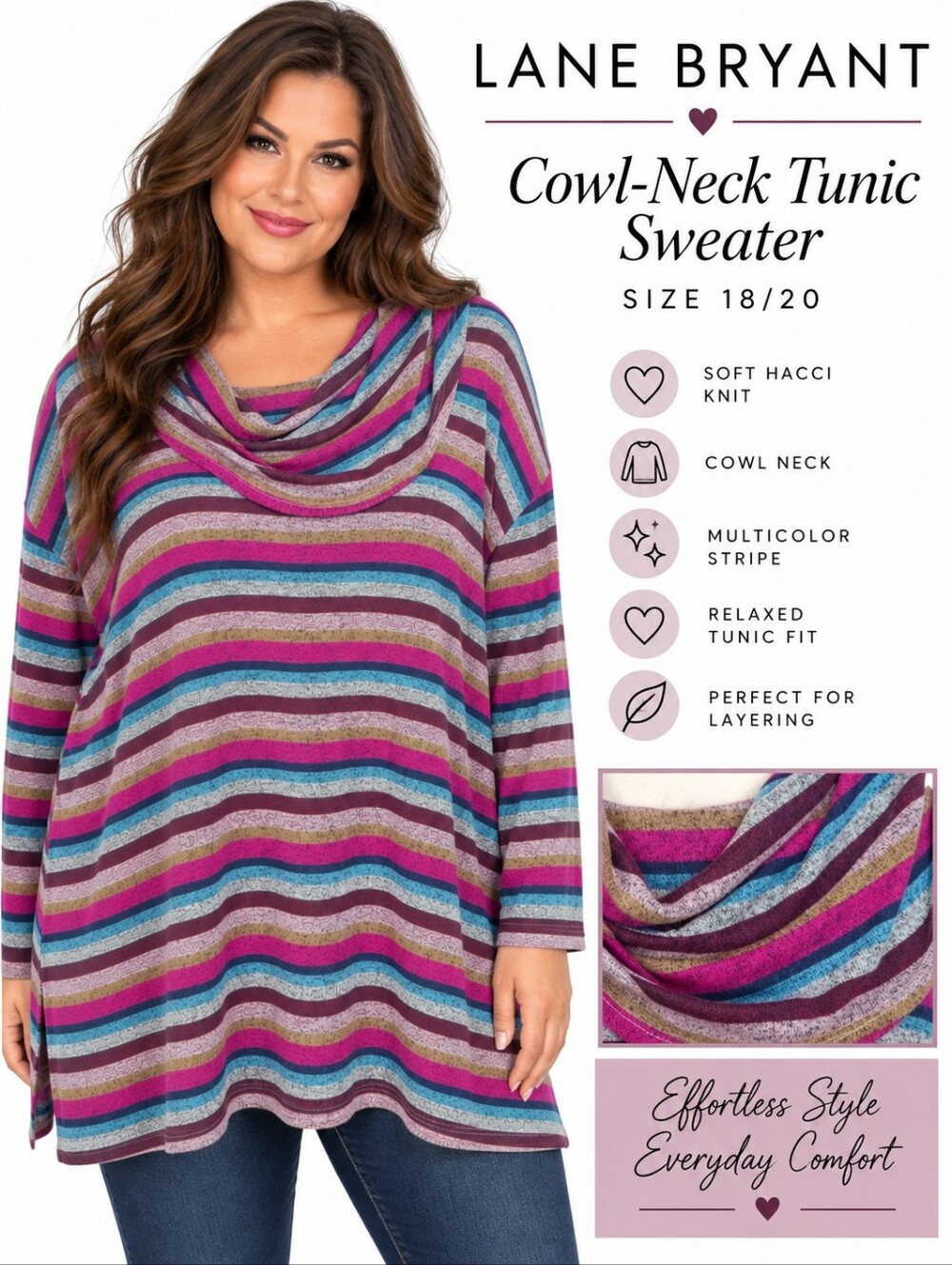 Lane Bryant Striped Cowl Neck Hacci Tunic Sweater Plus Size 18/20